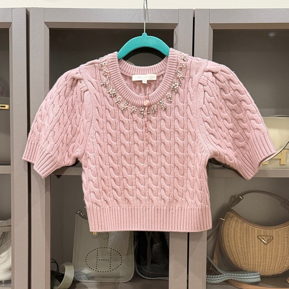 LoveShackFancy Pink Cable-Knit Cropped Sweater with Pearl Embellishment - Picture 2 of 3